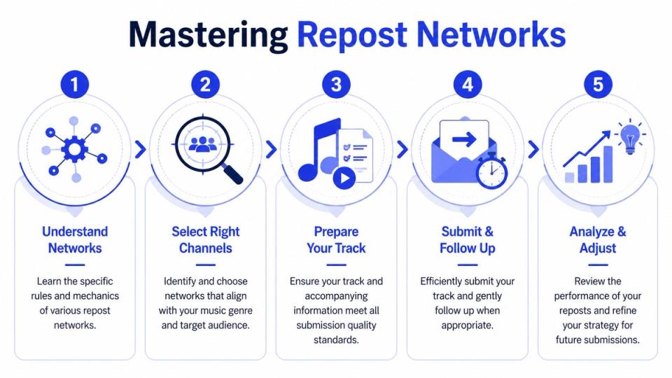 A five-step infographic showing how to effectively use repost networks for music promotion and strategy.
