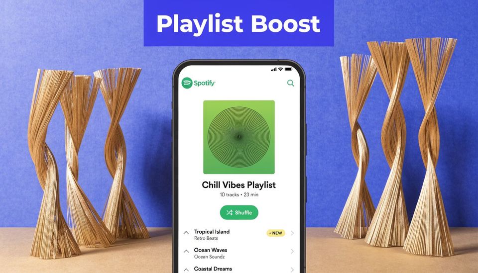 A smartphone screen displaying a Chill Vibes Spotify playlist with an artistic background of twisted sculptures.
