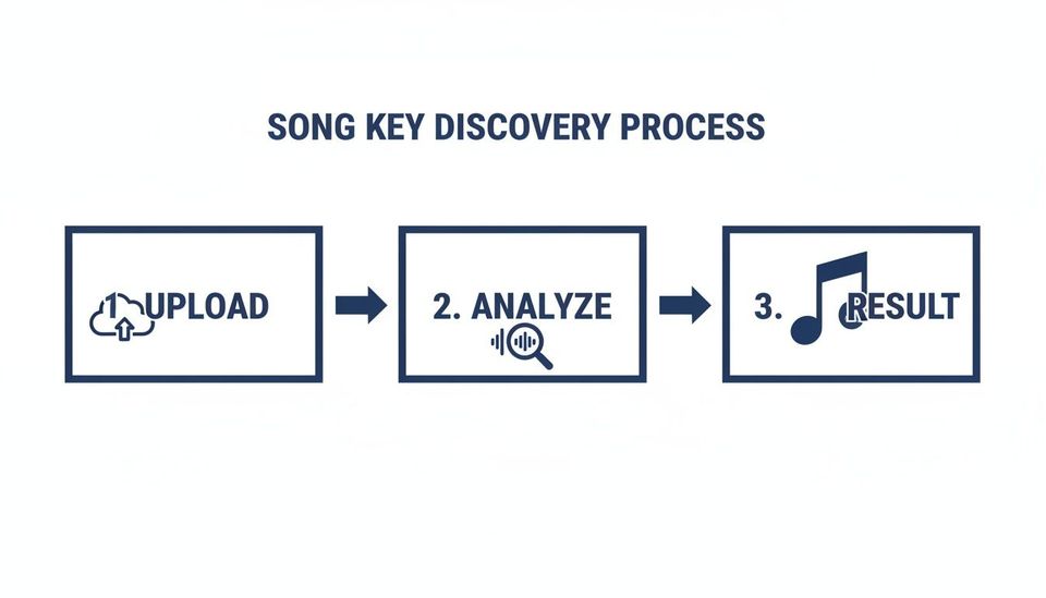 Flowchart illustrating the three-step song key discovery process: upload, analyze, and result with icons.