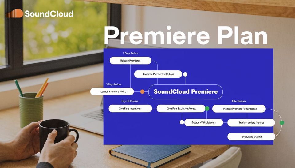 A diagram outlining a SoundCloud Premiere music marketing strategy plan with key stages before and after release.