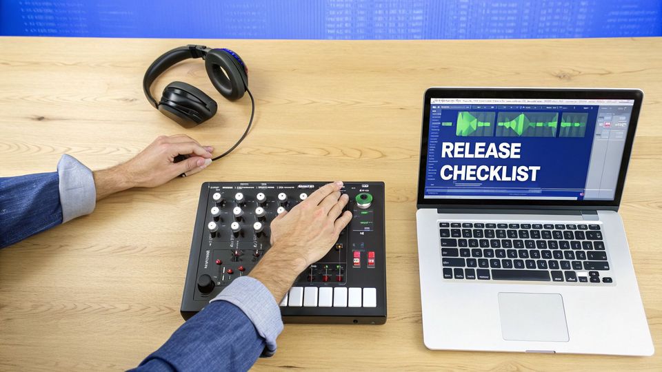 A person's hands are on a music mixer and headphones next to a laptop with 'Release Checklist'.