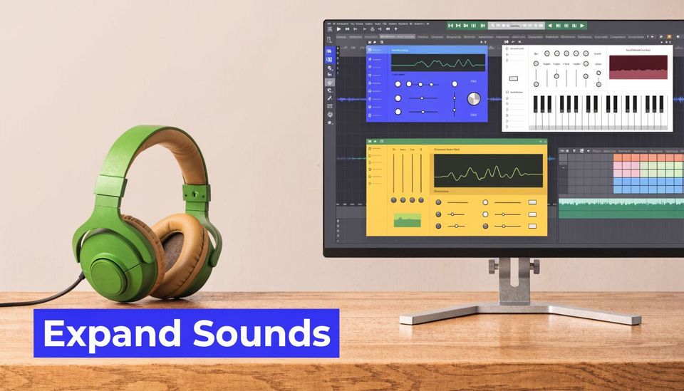 A pair of green headphones sits on a wooden desk next to a computer monitor displaying music production software.