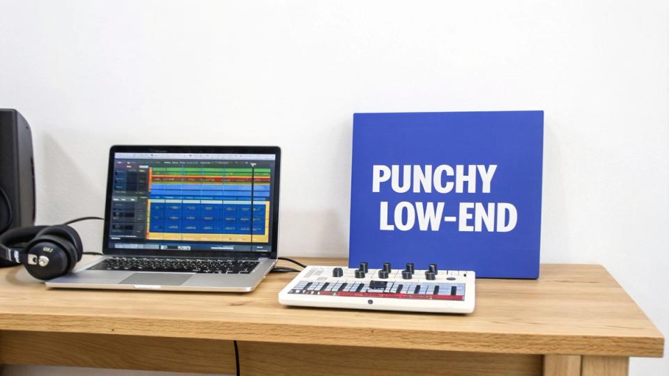 A music production studio setup with a laptop, headphones, MIDI controller, and a 'Punchy Low-End' sign.