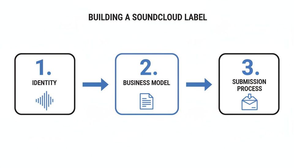 Flowchart outlining three key steps to building a SoundCloud label: identity, business model, and submission process.