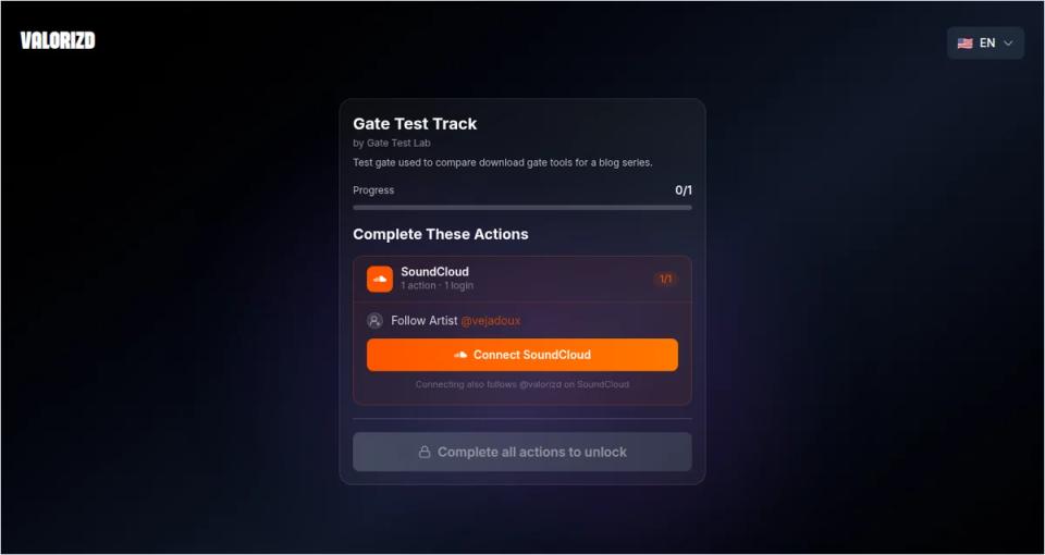Valorizd fan page with a Connect SoundCloud button and a note that connecting also follows @valorizd