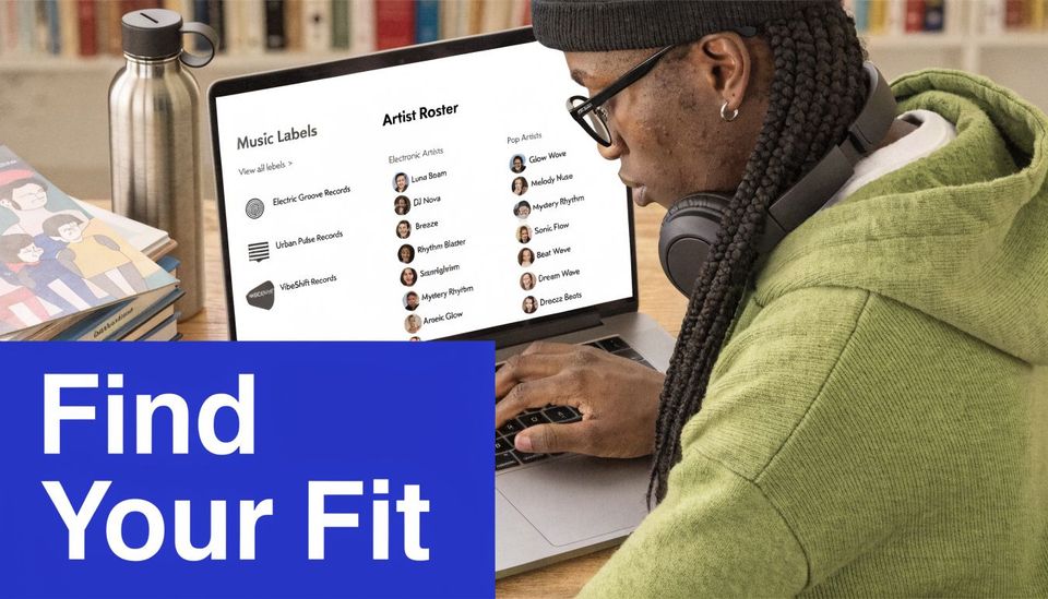 A young person with headphones typing on a laptop screen showing a music artist roster webpage.