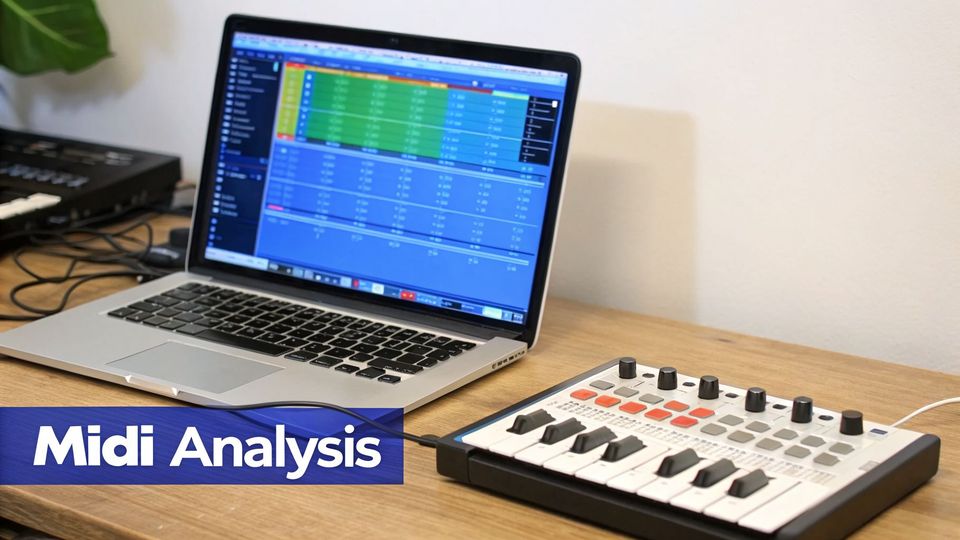 A laptop displaying music software and a MIDI keyboard controller on a wooden desk, labeled 'Midi Analysis'.