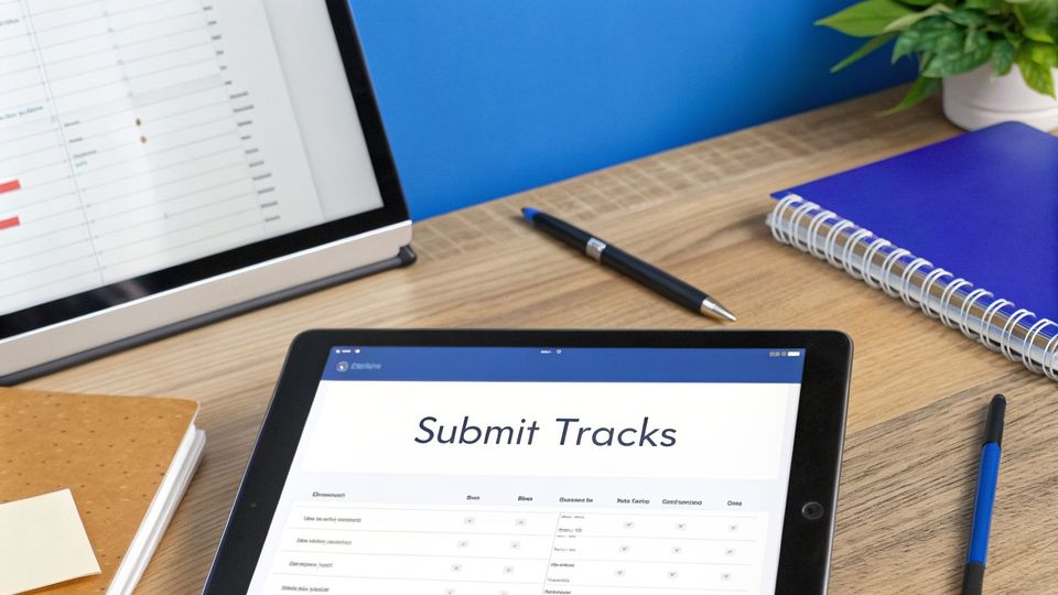 A tablet displays a 'Submit Tracks' form on a desk, with a laptop and blue notebook.