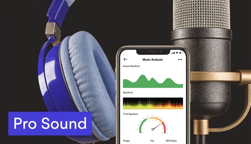 A professional studio setup featuring blue headphones and a microphone next to a smartphone displaying audio analysis.
