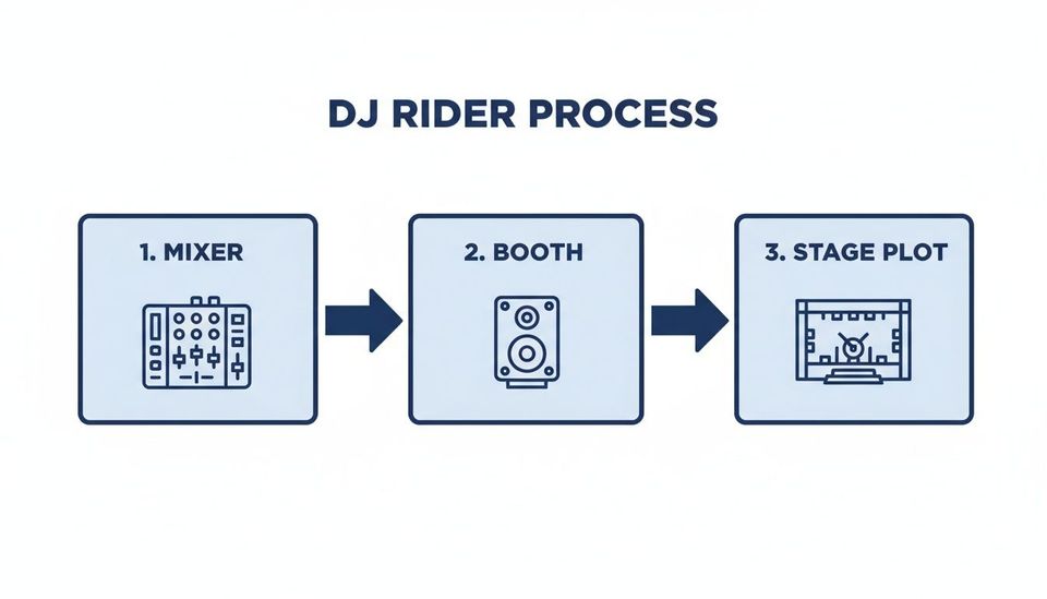 A diagram outlining the DJ rider process with steps for mixer, booth, and stage plot.