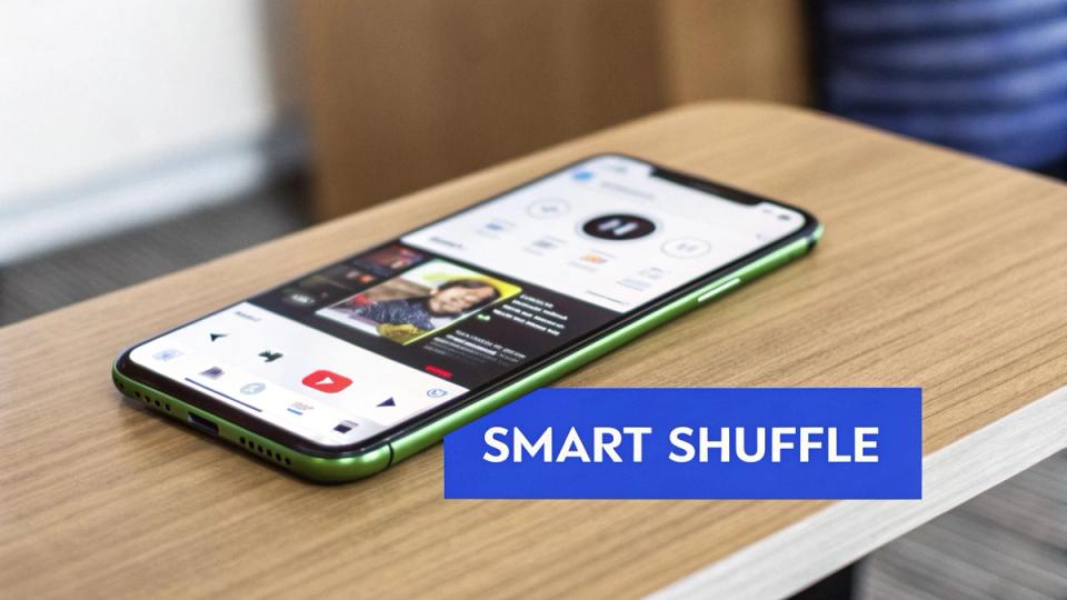 A green iPhone on a wooden desk displaying a music streaming app with 'SMART SHUFFLE' text.