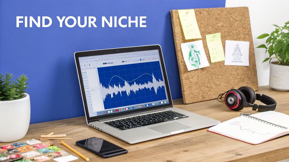 A creative workspace with a laptop displaying audio waveforms, headphones, and various office items.