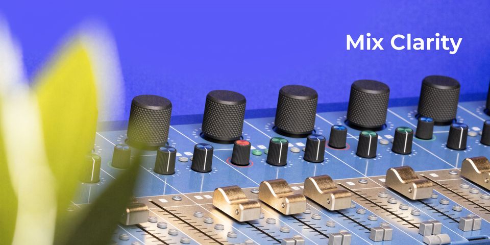 A professional audio mixing console with colorful knobs and gold faders against a vibrant purple background.