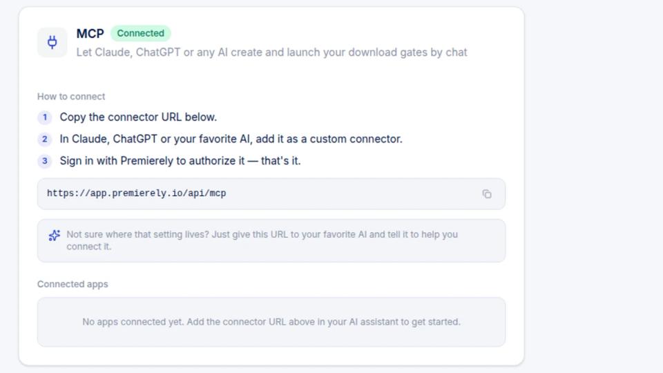 Premierely settings page showing the MCP connector URL and the three connection steps