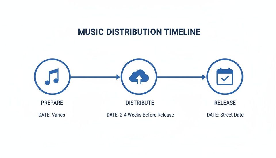 Music distribution timeline showing three stages: prepare, distribute 2-4 weeks before release, and release on street date.