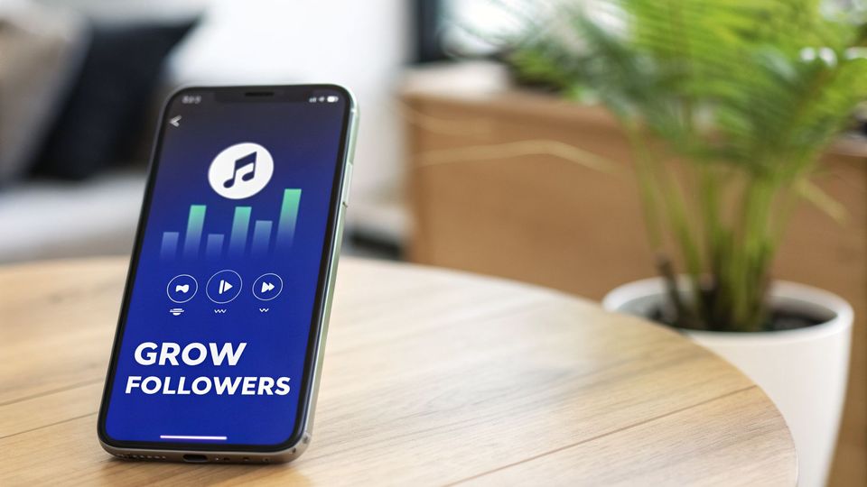 A smartphone displaying a music app interface with 'GROW FOLLOWERS' text on a wooden table.