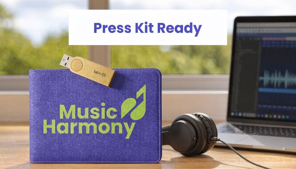 A purple felt folder labeled Music Harmony with a gold USB drive resting on top and headphones nearby.