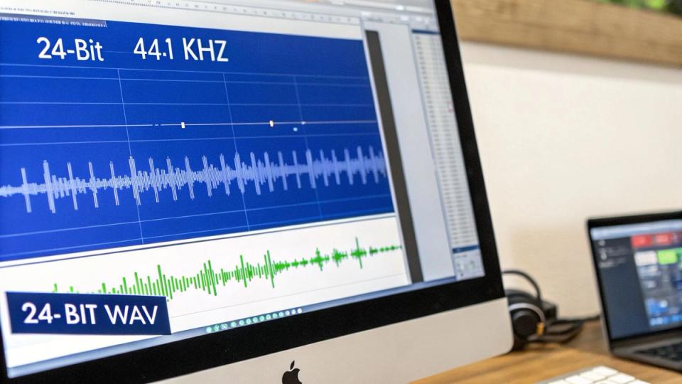 A computer screen shows audio editing software with a waveform, displaying '24-Bit 44.1 KHZ' and '24-BIT WAV'.