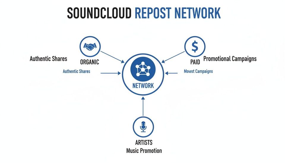 Diagram illustrating the SoundCloud Repost Network, connecting organic shares, paid campaigns, and artists for music promotion.