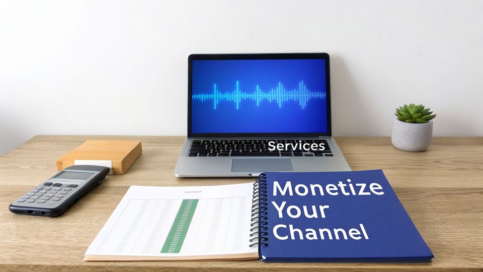 A desk setup with a laptop showing a sound waveform and 'Services', a notebook 'Monetize Your Channel', and a calculator.