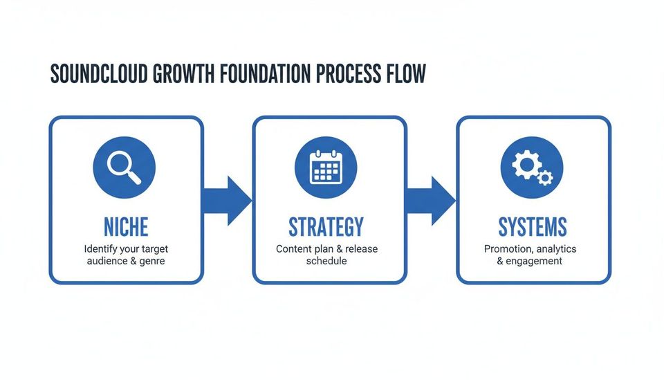 SoundCloud growth foundation process flow outlining Niche, Strategy, and Systems steps.