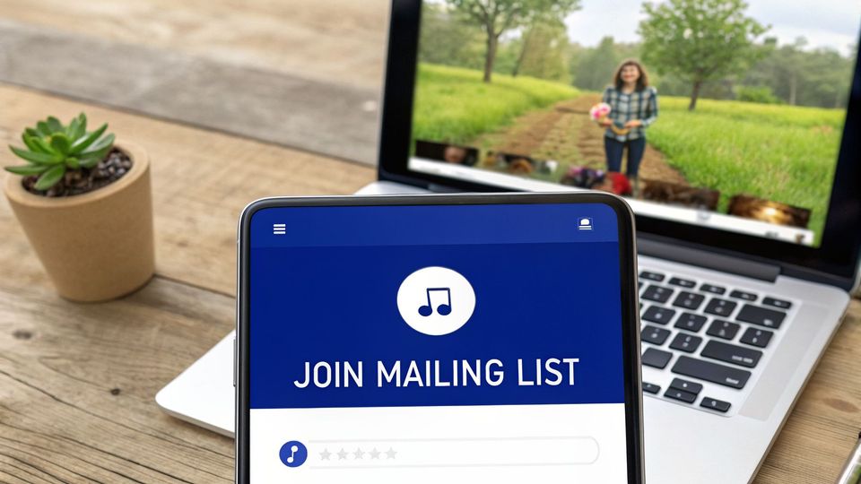 A smartphone displaying 'JOIN MAILING LIST' with a music note icon, a laptop playing a video, and a plant on a wooden desk.