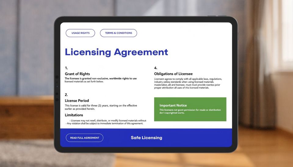 A tablet screen displaying a legal Licensing Agreement document with specific terms, conditions, and usage rights listed.
