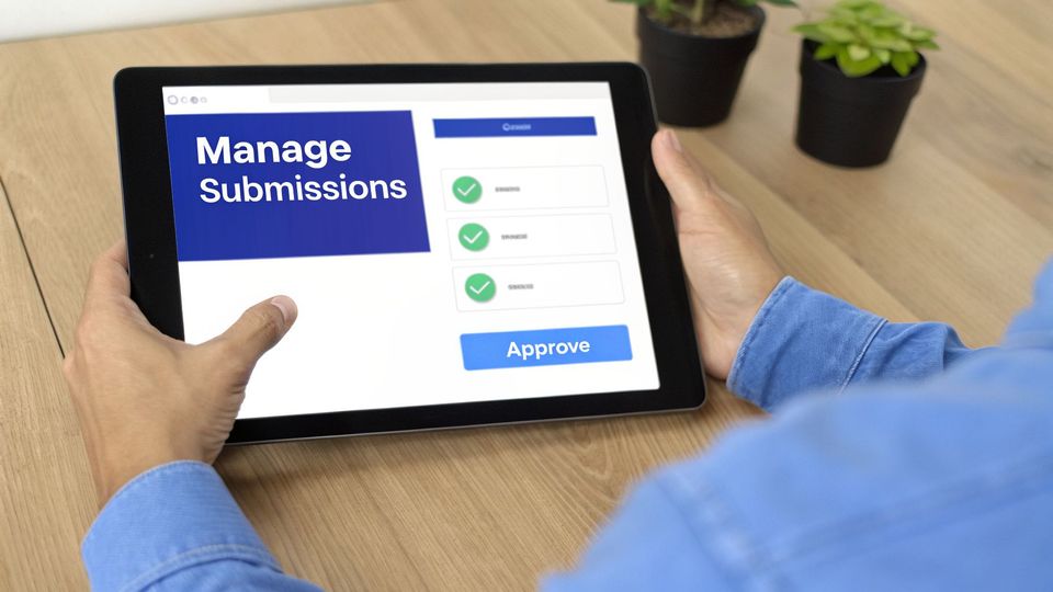 Person holding a tablet showing 'Manage Submissions' interface with green checkmarks and an 'Approve' button.