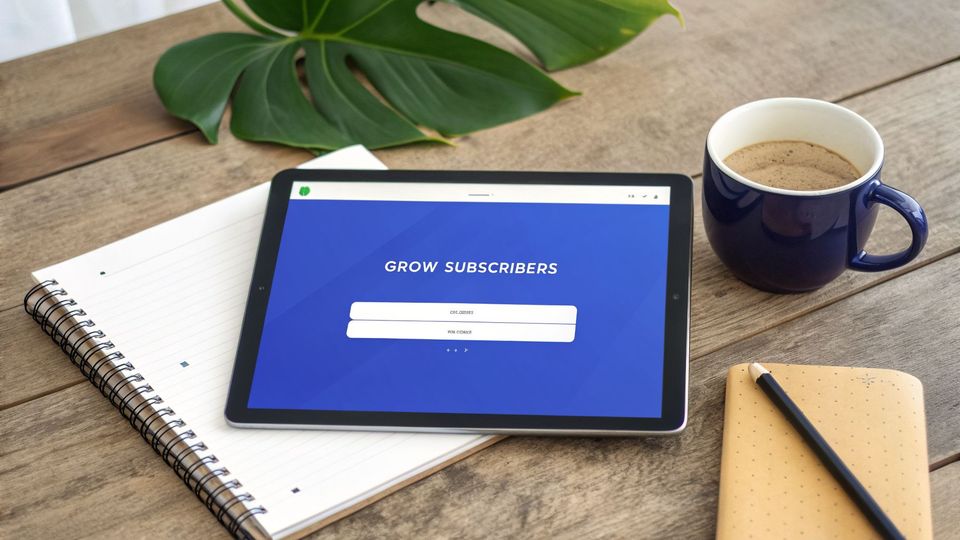 A tablet displaying 'Grow Subscribers' on a wooden desk with a notebook, coffee, and plant.