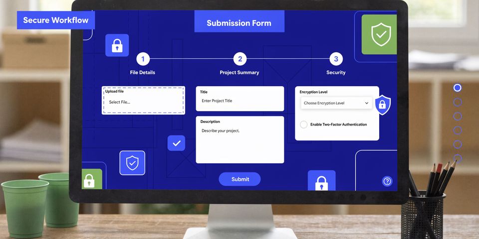 A computer screen displays a professional, secure digital submission form interface for project files and security settings.