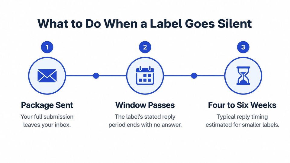 A three-step infographic titled What to Do When a Label Goes Silent regarding music label submissions.