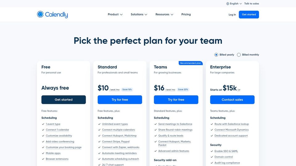 Calendly pricing plans showing different tiers and features