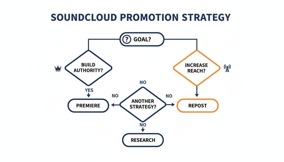 SoundCloud promotion strategy flowchart outlining decisions for building authority, increasing reach, or researching options.