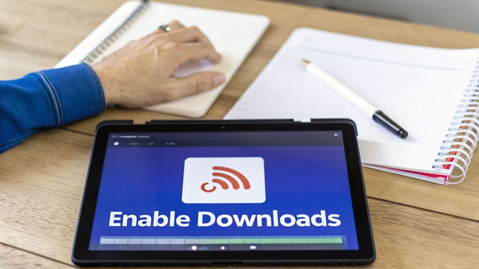A tablet on a wooden desk displays 'Enable Downloads' with a Wi-Fi icon, next to notebooks and a hand.