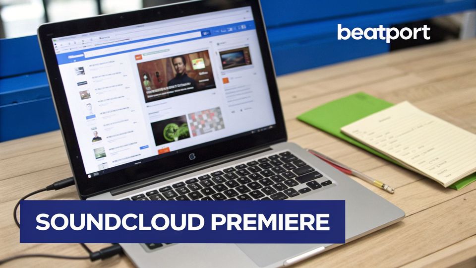 A close-up of a laptop on a wooden desk, displaying a content platform with the Beatport logo and 'SoundCloud Premiere' overlay.