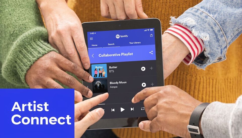 Multiple hands hold a tablet displaying a Spotify collaborative playlist interface with music tracks listed.