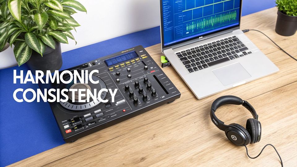 A DJ mixer, laptop with music software, and headphones on a wooden desk with a plant.