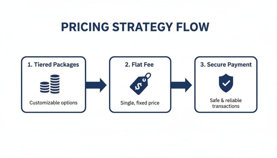 A pricing strategy flowchart demonstrating options for tiered packages, flat fees, and secure payments.