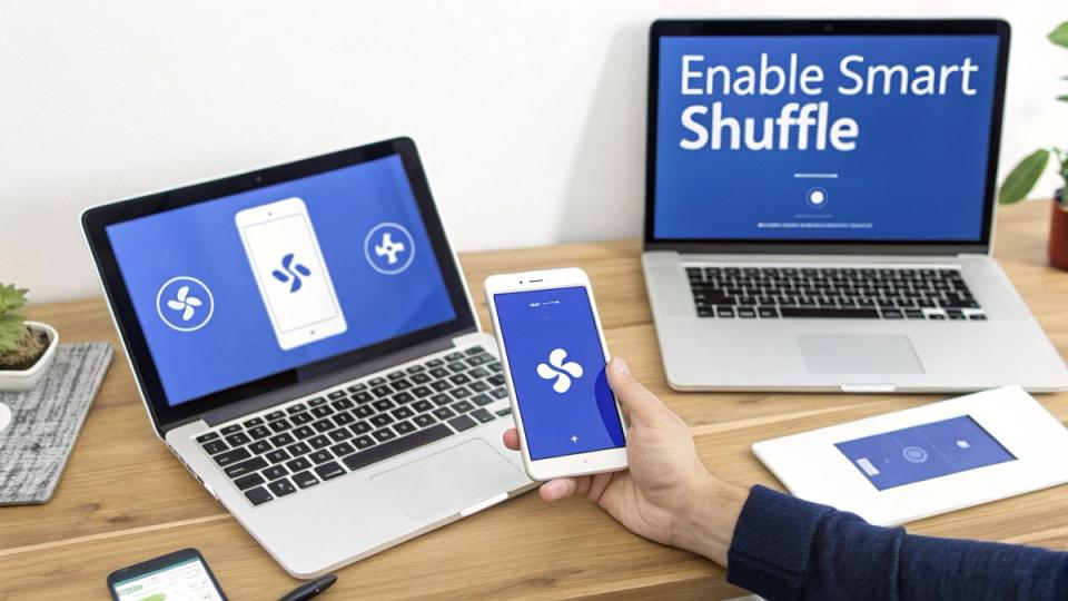 Hand holds smartphone with app logo near laptops and tablet displaying 'Enable Smart Shuffle'.