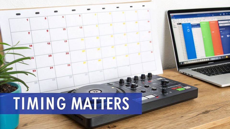 A desk setup featuring a calendar, laptop displaying a schedule, a DJ controller, and a 'TIMING MATTERS' banner.