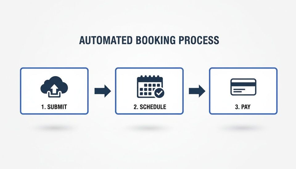 An automated booking process flowchart showing three steps: submit, schedule, and pay.