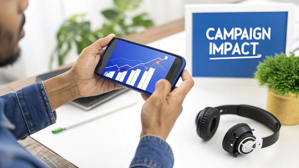 A person holds a smartphone displaying a bar and line graph, with a 'CAMPAIGN IMPACT' sign in the background.