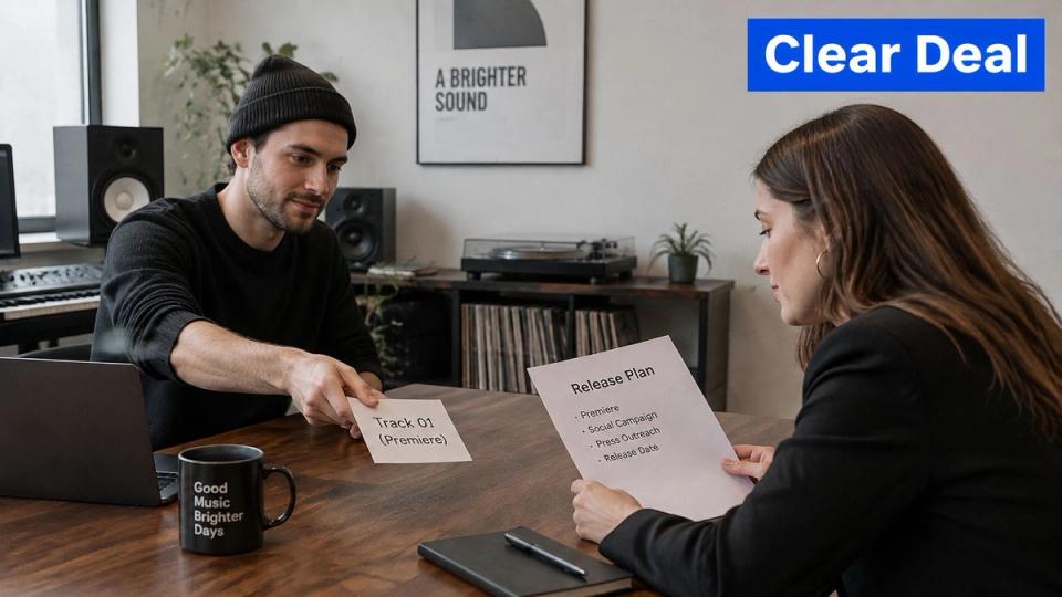 A man and a woman in a professional office discussing a music release plan strategy together.