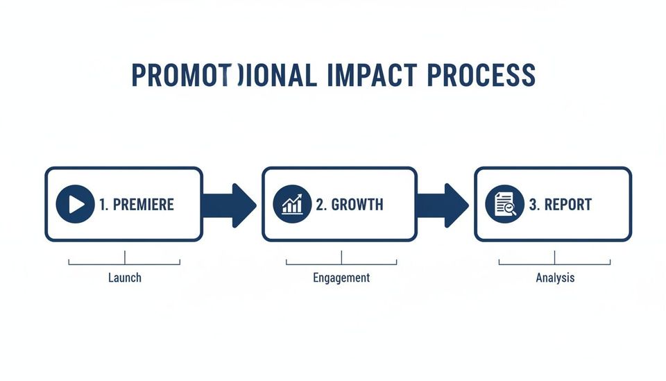Diagram illustrating the Promotional Impact Process: Premiere (Launch), Growth (Engagement), and Report (Analysis).