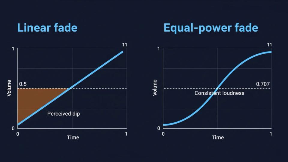 Diagram comparing equal-power fade curve versus linear fade curve