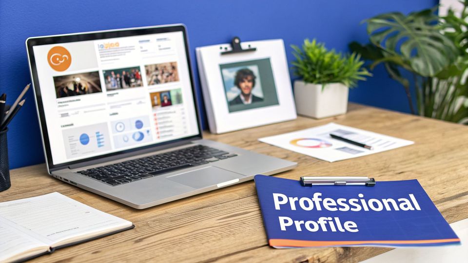 A clean desk setup with a laptop displaying an online professional profile and a document titled 'Professional Profile'.