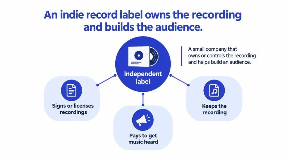 A diagram explaining that an independent record label owns music recordings and helps build an artist's audience.