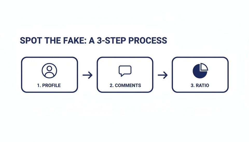A diagram illustrating a 3-step process to spot fake online accounts, featuring icons for Profile, Comments, and Ratio.