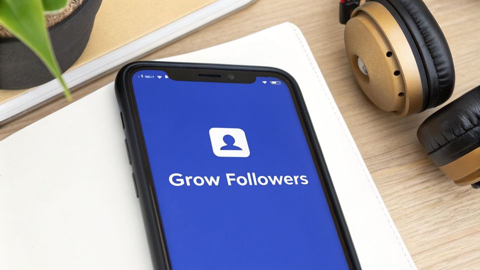 Close-up of a smartphone displaying 'Grow Followers' app with headphones and notebooks in the background.