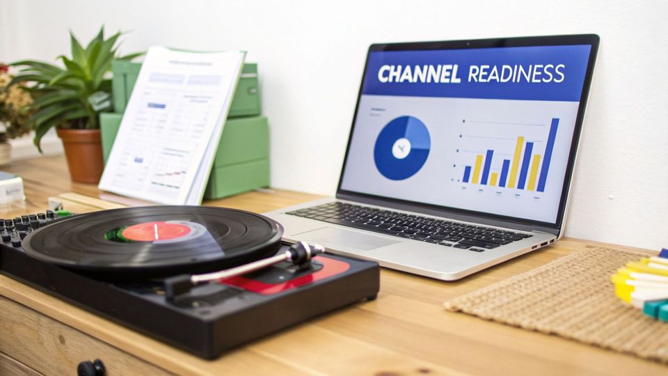 A laptop displaying channel readiness charts and a record player on a wooden office desk.